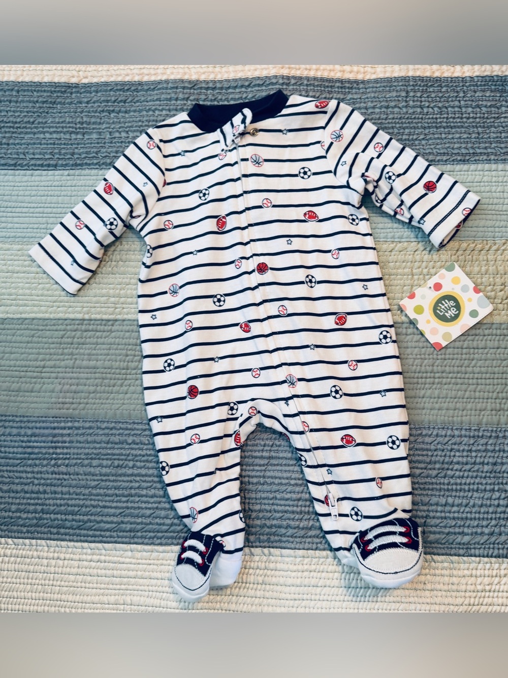 Little Me Navy & White Striped Footed One-Piece with Sports Motif